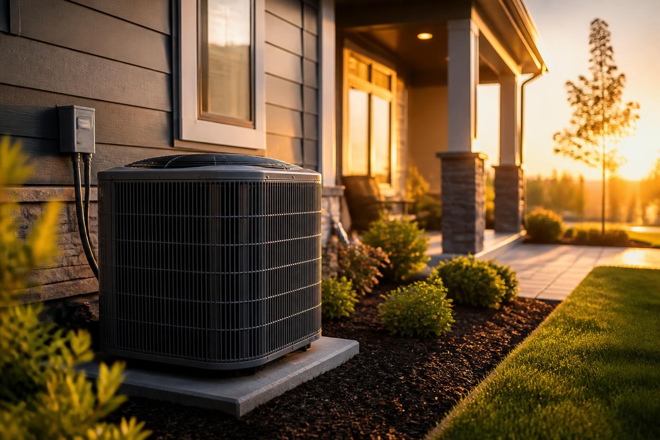Air conditioning condenser unit outside a modern American home